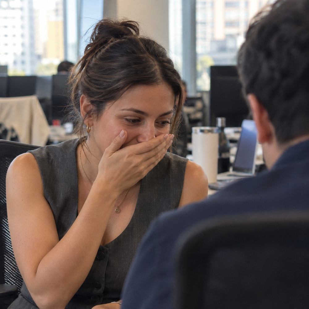 Mujer tapándose la boca al hablar