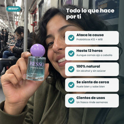 Beneficios de BESSO: aliento fresco hasta 12 horas, sin alcohol ni azúcar
