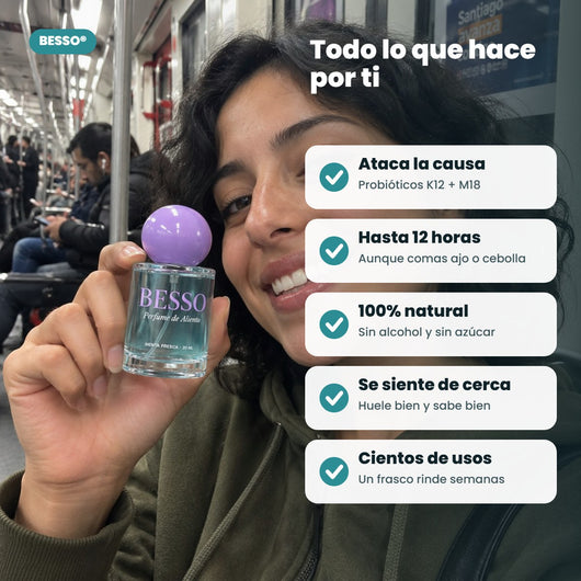Beneficios de BESSO: aliento fresco hasta 12 horas, sin alcohol ni azúcar